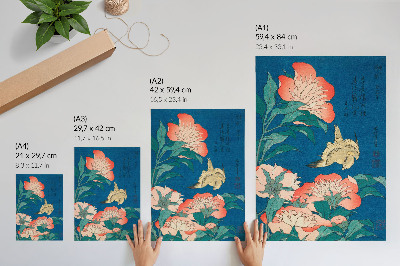 Poster Pfingstrosen und ein Kanarienvogel von Katsushiki Hokusai (1834) – historischer Holzschnitt