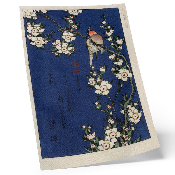 Poster Katsushika Hokusai (1760-1849), Rotkehlchen auf einem Kirschblütenzweig