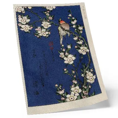 Poster Katsushika Hokusai (1760–1849) mit dem Motiv Rotkehlchen auf einem Kirschblütenzweig