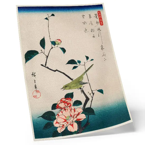 Poster Ukiyo-e-Illustration von Kamelien und einer Nachtigall von Utagawa Hiroshige (1797-1858)