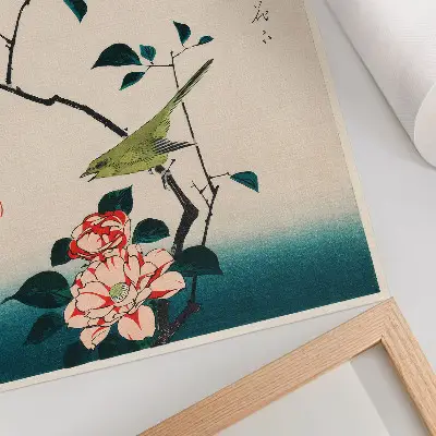Poster Ukiyo-e-Illustration von Kamelien und einer Nachtigall von Utagawa Hiroshige (1797-1858)