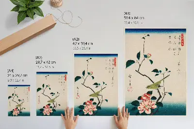 Poster Ukiyo-e-Illustration von Kamelien und einer Nachtigall von Utagawa Hiroshige (1797-1858)