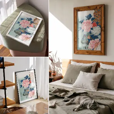 Kunstdruck auf Leinwand Pfau und Pfingstrosen, japanischer Holzschnitt von Utagawa Hiroshige im Vintage-Stil