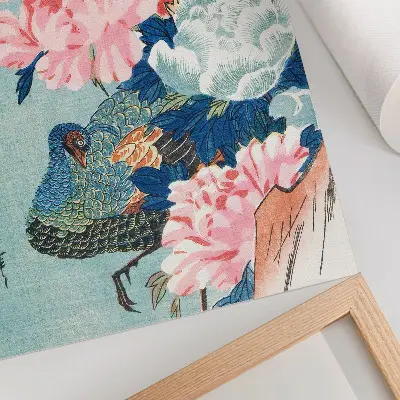 Kunstdruck auf Leinwand Pfau und Pfingstrosen, japanischer Holzschnitt von Utagawa Hiroshige im Vintage-Stil
