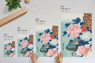 Kunstdruck auf Leinwand Pfau und Pfingstrosen, japanischer Holzschnitt von Utagawa Hiroshige im Vintage-Stil