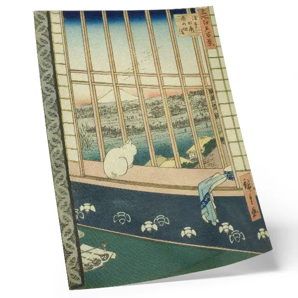 Wandposter mit dem Motiv „Die Reisfelder von Asakusa und das Torinomachi-Festival“ aus der Serie „Hundert berühmte Ansichten von Edo“ von Hiroshige