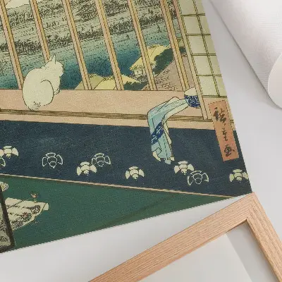 Wandposter mit dem Motiv „Die Reisfelder von Asakusa und das Torinomachi-Festival“ aus der Serie „Hundert berühmte Ansichten von Edo“ von Hiroshige