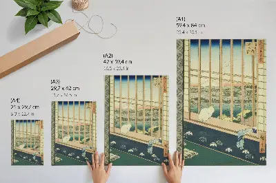 Wandposter mit dem Motiv „Die Reisfelder von Asakusa und das Torinomachi-Festival“ aus der Serie „Hundert berühmte Ansichten von Edo“ von Hiroshige