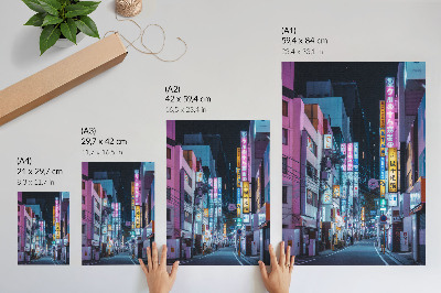 Wandposter Nächtliche Stadtstraße mit Neonreklamen