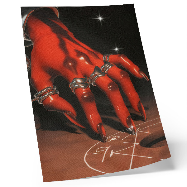 Poster Rote Hand mit Ringen vor einem Hintergrund aus Symbolen