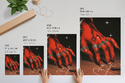 Poster Rote Hand mit Ringen vor einem Hintergrund aus Symbolen