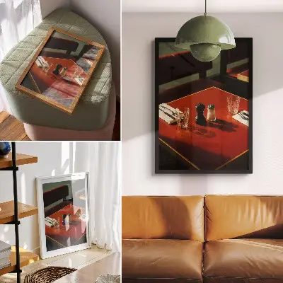Kunstdruck auf Leinwand ein Tisch im Restaurant mit Gewürzen und Gläsern