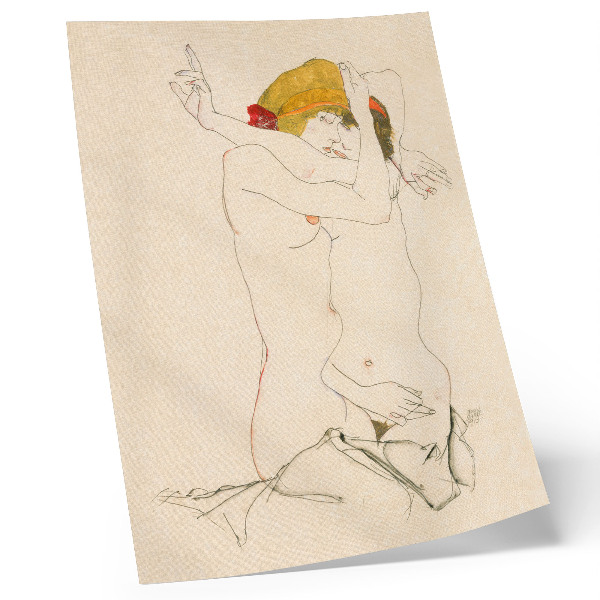 Wandposter Zwei sich umarmende Frauen (1913) von Egon Schiele – eine feminine Strichzeichnung aus der Sammlung des Metropolitan Museum of Art
