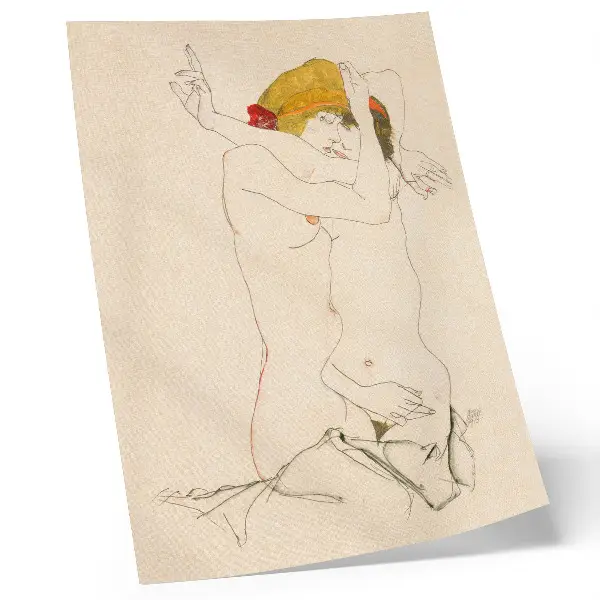 Wandposter Zwei sich umarmende Frauen von Egon Schiele als feminine Strichzeichnung aus dem Jahr 1913