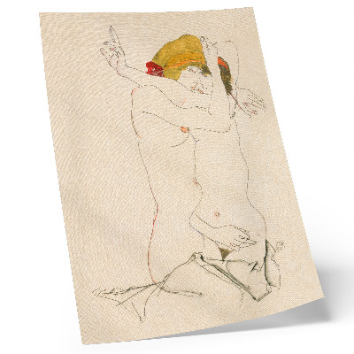 Wandposter Zwei sich umarmende Frauen (1913) von Egon Schiele – eine feminine Strichzeichnung aus der Sammlung des Metropolitan Museum of Art