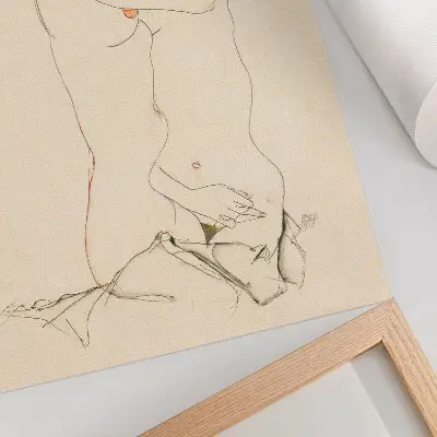 Wandposter Zwei sich umarmende Frauen von Egon Schiele als feminine Strichzeichnung aus dem Jahr 1913