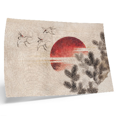 Poster Vögel und Sonnenuntergang von Katsushika Hokusai aus dem Skizzenalbum (1814), japanischer Holzschnitt aus der Zeit um 1814