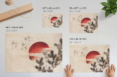 Poster Vögel und Sonnenuntergang von Katsushika Hokusai aus dem Skizzenalbum (1814), japanischer Holzschnitt aus der Zeit um 1814