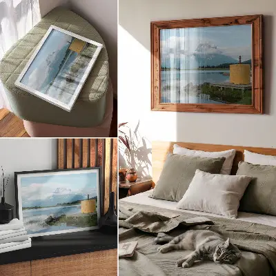Kunstdruck Poster mit Motiv Berge, See, Wolken und Brücke