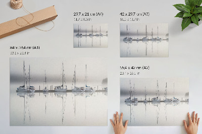 Poster kunstdruck Nebliger Yachthafen, ruhige Spiegelung der Yachten