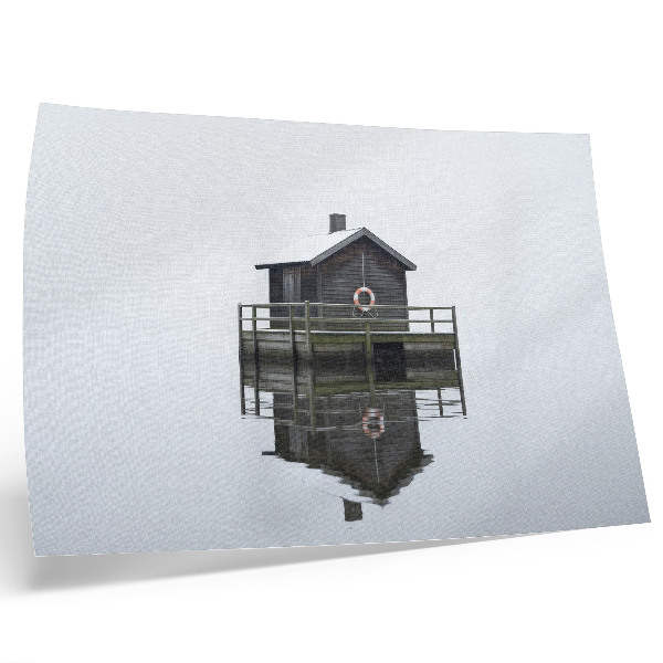Poster kunstdruck Holzhütte am Wasser, Symmetrie, Minimalismus