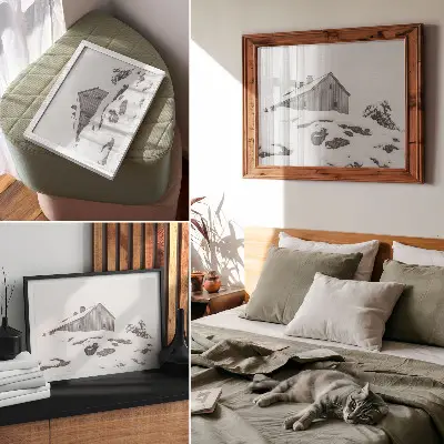 Poster minimalistisches Winterhaus vor einer Schneekulisse
