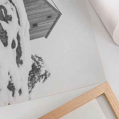 Poster Ein minimalistisches Winterhaus vor der Kulisse von Schnee