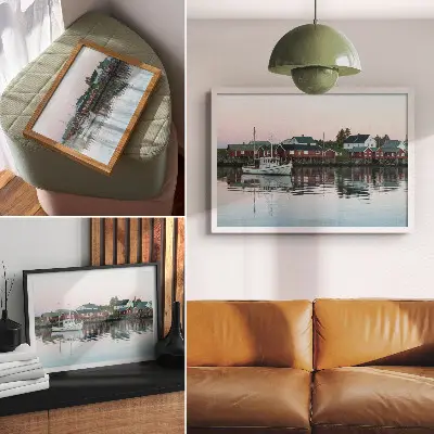 Kunstdruck Poster mit den kubistischen roten Häusern am See