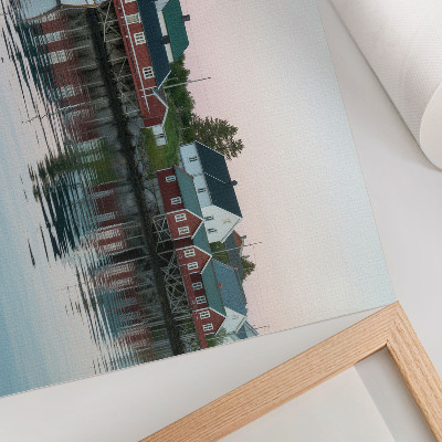 Poster kunstdruck Die kubistischen roten Häuser am See strahlen.