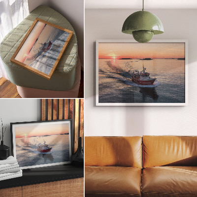 Kunstdruck poster Sonnenuntergang über dem ruhigen Meer, Bootsbewegung