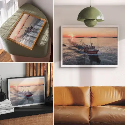 Kunstdruck Sonnenuntergang über dem ruhigen Meer mit Bootsbewegung