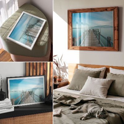 Kunstdruck poster Brücke über den See, blau, Frieden, Einfachheit