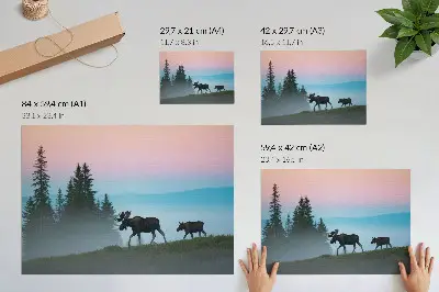 Poster Kunstdruck Elche am Morgen vor nebliger Waldkulisse