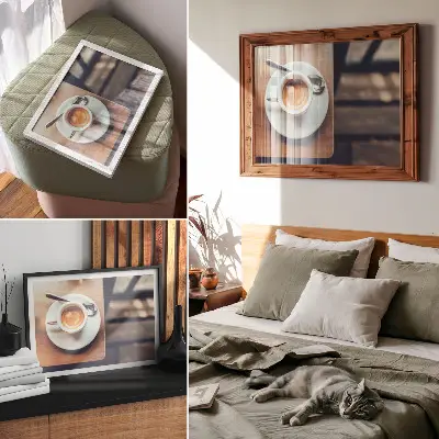Kunstdruck Poster eine Tasse Espresso auf einem Holztisch mit Kontrasten