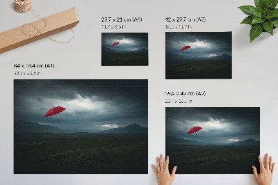 Kunstdruck poster Roter Regenschirm, dunkle Wolken, Berglandschaft
