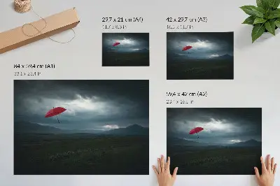 Kunstdruck Poster roter Regenschirm in einer Berglandschaft unter dunklen Wolken