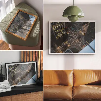 Kunstposter Stadtpanorama bei Nacht Moderne Darstellung nächtlicher Lichter aus der Vogelperspektive