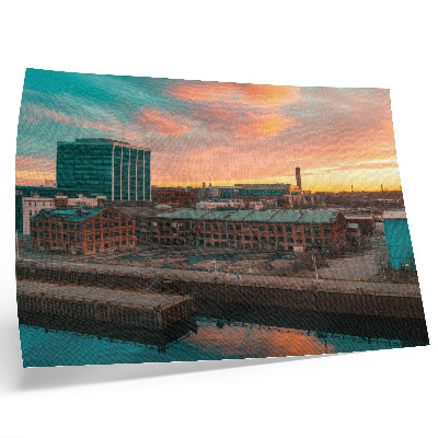 Poster Industriegebäude, Sonnenuntergang, friedliche Atmosphäre