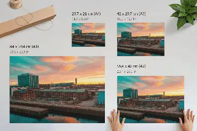 Poster Industriegebäude bei Sonnenuntergang in friedlicher Atmosphäre