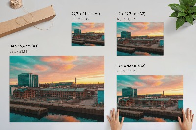 Poster Industriegebäude, Sonnenuntergang, friedliche Atmosphäre