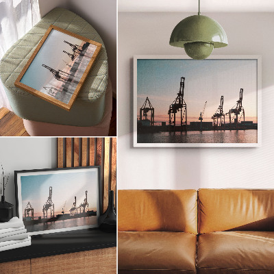 Kunstdruck poster Kräne im Hafen bei Sonnenuntergang
