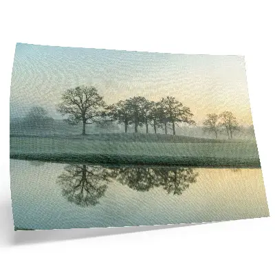 Kunstdruck ruhige Wasseroberfläche mit Spiegelung der Bäume und leichtem Nebel