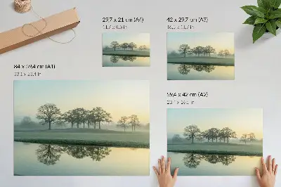 Kunstdruck ruhige Wasseroberfläche mit Spiegelung der Bäume und leichtem Nebel