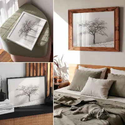 Poster mit Motiv einsamer Baum für winterlichen Minimalismus und Harmonie