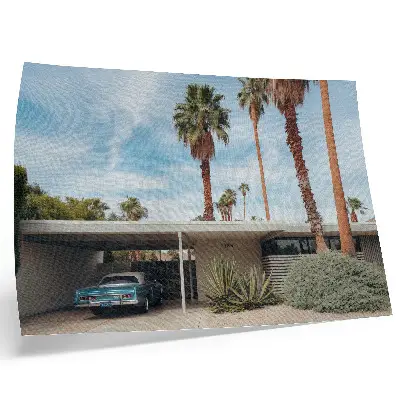 Kunstdruck Poster mit exotischen Palmen, modernem Haus und Oldtimer