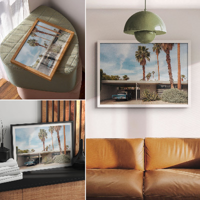 Poster kunstdruck Exotische Palmen, modernes Haus, Oldtimer