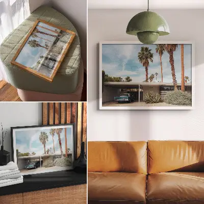 Kunstdruck Poster mit exotischen Palmen, modernem Haus und Oldtimer