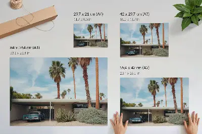 Kunstdruck Poster mit exotischen Palmen, modernem Haus und Oldtimer