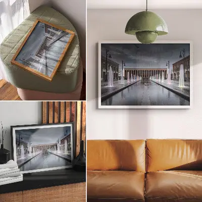 Kunstdruck Poster Brunnen und Architektur mit moderner Beleuchtung