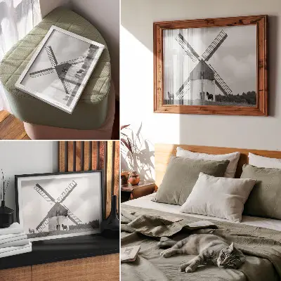 Poster schwarz-weiße Windmühle auf einem Feld mit Pferden